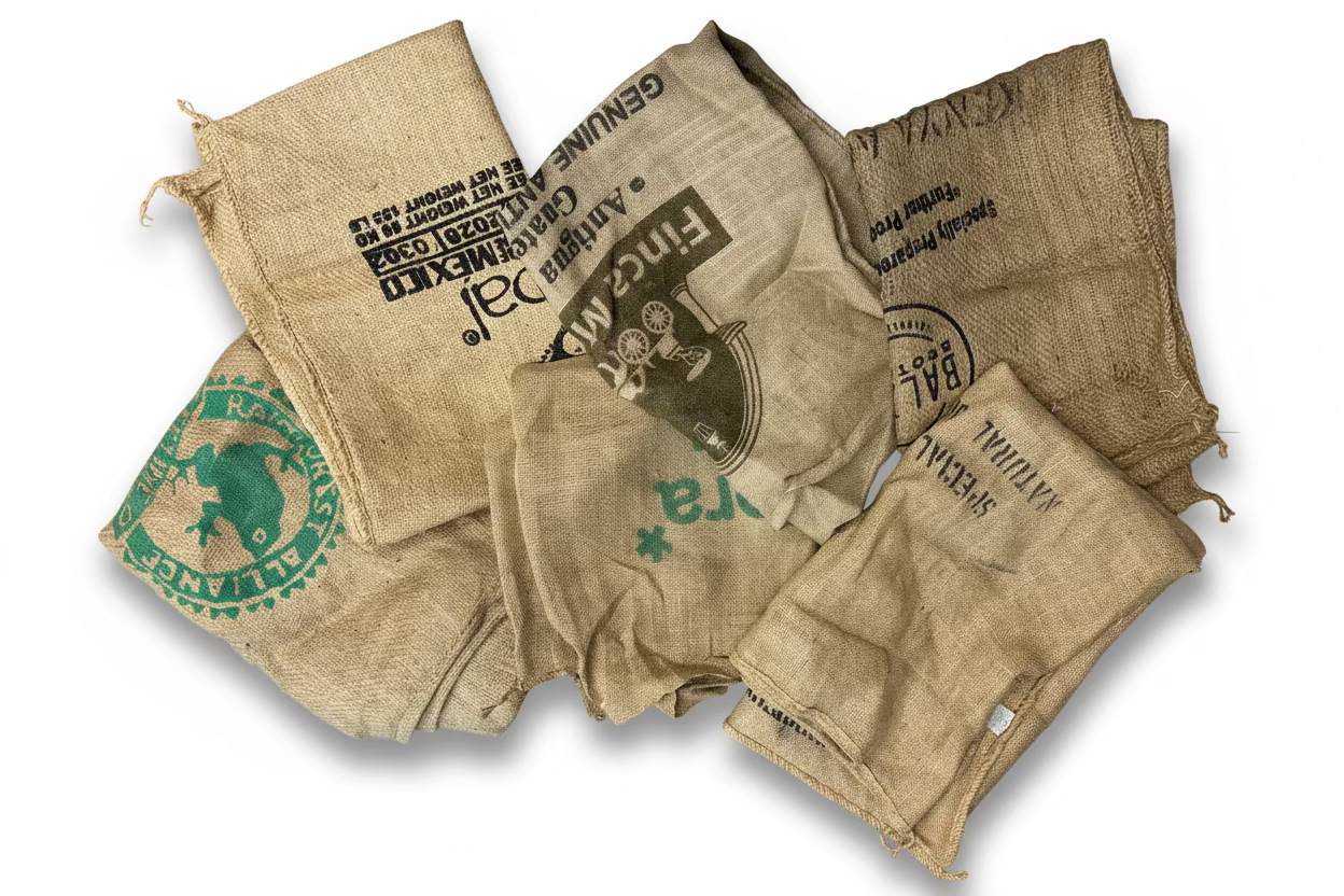 Collection of burlap bags with printed text and logos on a textured surface
