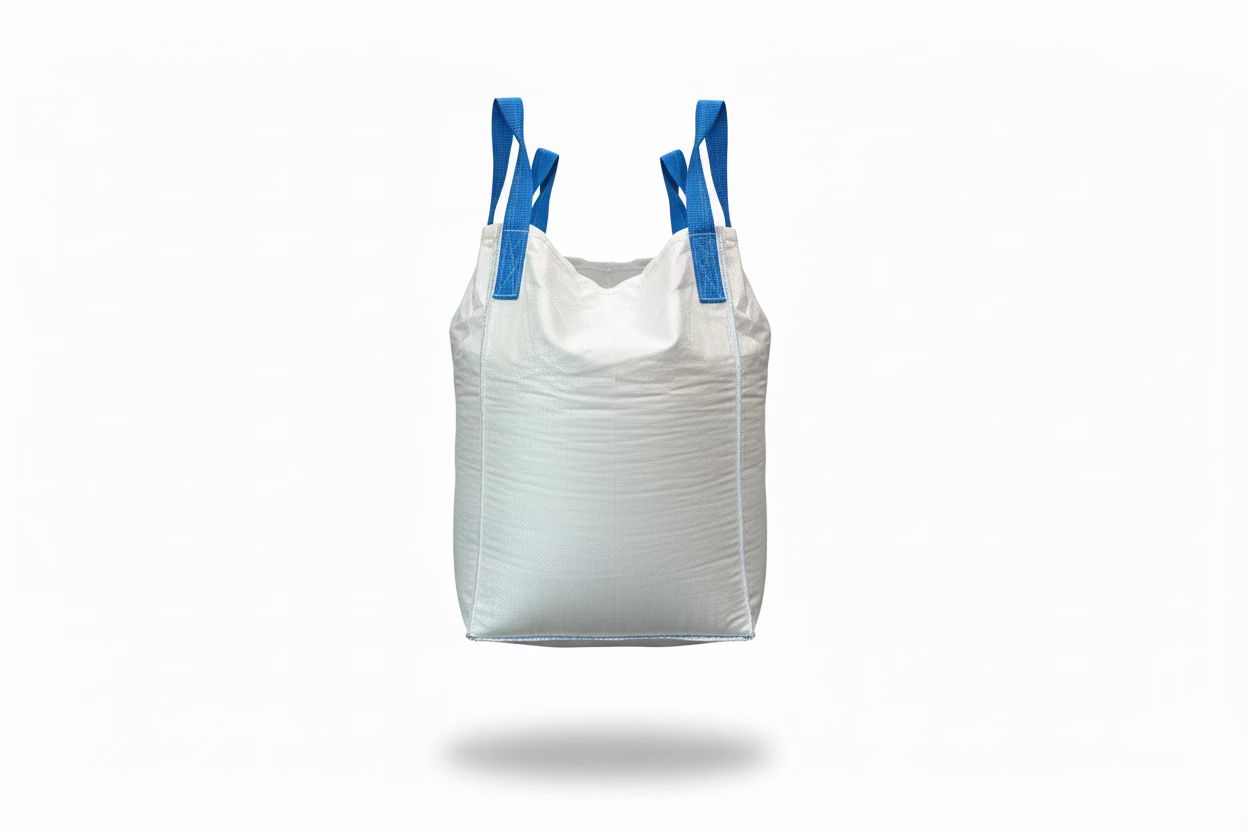 Large white bag with blue handles draped over a machine in an industrial setting